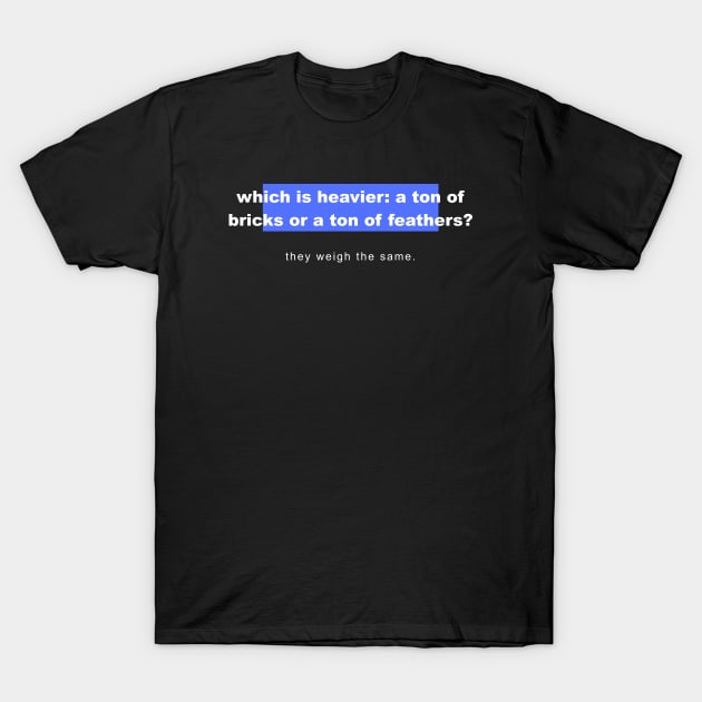 Riddles And Answers – Which Is Heavier: A Ton Of Bricks Or A Ton Of Feathers? Riddles And Brain Teasers T-Shirt by mounteencom